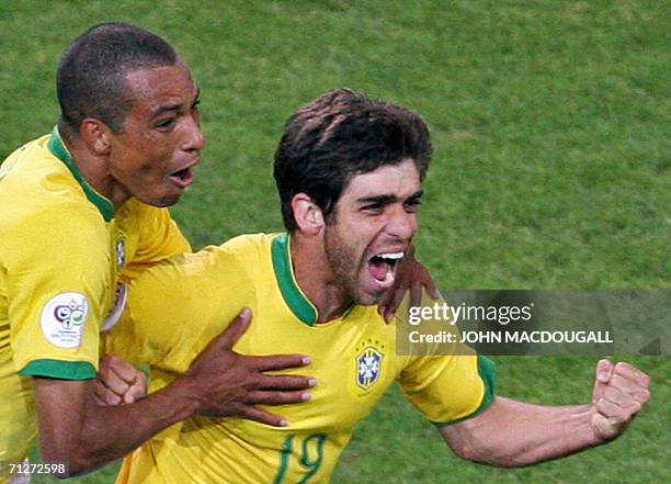 Brazilian midfielder Juninho celebrates after scoring during the opening round Group F World Cup football match Japan vs. Brazil, 22 June 2006 in...