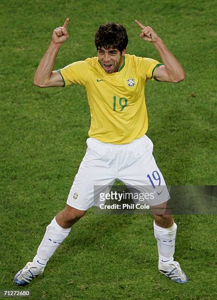 Juninho Pernambucano of Brazil celebrates scoring a goal during the FIFA World Cup Germany 2006 Group F match between Japan and Brazil at the Stadium...
