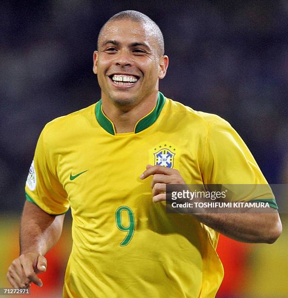 Brazilian forward Ronaldo celebrates after scoring during the opening round Group F World Cup football match Japan vs. Brazil, 22 June 2006 in...