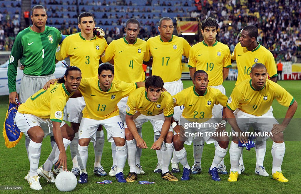Brazil Fullbacks Brazilian midfielder Ronaldinho, defender Cicinho, midfielder Kaka ...