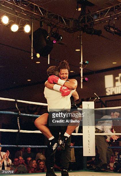 Freeda Foreman celebrates in the ring after winning the fight against LaQuanda Landers at the Regent Hotel in Las Vegas, Nevada. Foreman defeated...