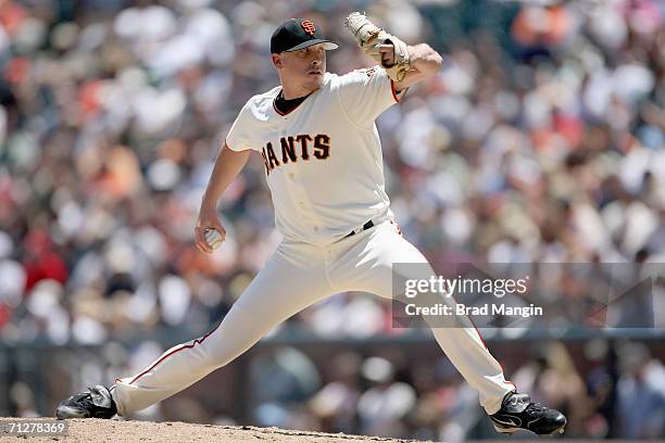 Kevin Correia of the San Francisco Giants pitches during the game against the Florida Marlins at AT&T Park in San Francisco, California on June 7,...