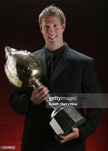 Joe Thornton of the San Jose Sharks poses with the Hart Trophy backstage at the the NHL TV Awards Show at the Westin Grand on June 22, 2006 in...