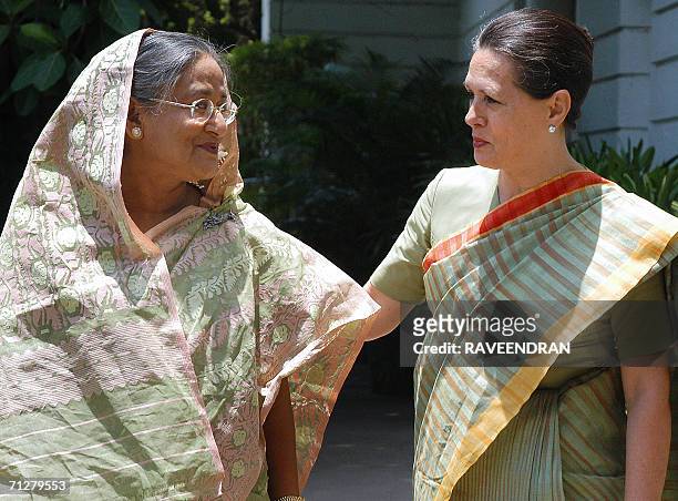 Indian Chairperson of UPA Government and Congress Party President Sonia Gandhi welcomes former Bangladesh Prime Minister and leader of the opposition...