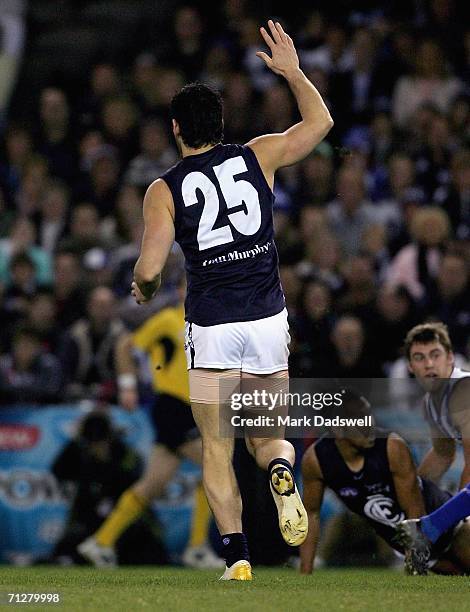 Brendan Fevola of the Blues calls for assistance after flying for a mark during the round 12 AFL match between the Kangaroos and Carlton at the...