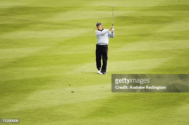 Colin Montgomerie of Scotland hits his third shot on the 17th hole during the second round of The Johnnie Walker Championship on The PGA Centenary...