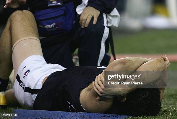 Brendan Fevola of the Blues looks in pain after injuring his knee during the round twelve AFL match between the Kangaroos and Carlton Blues at the...