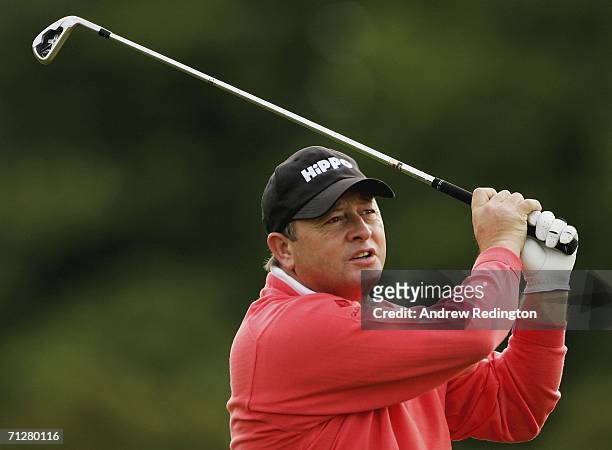 Ian Woosnam of Wales hits his second shot on the 16th hole during the second round of The Johnnie Walker Championship on The PGA Centenary Course at...
