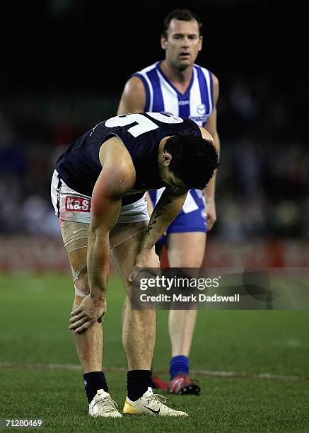 Brendan Fevola of the Blues looks dejected after losing the round 12 AFL match between the Kangaroos and Carlton at the Telstra Dome on June 23, 2006...