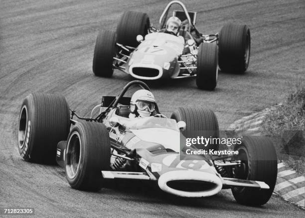 Vic Elford of Great Britain drives the Antique Automobiles Racing Team McLaren M7B Ford Cosworth V8 followed by Silvio Moser in the Silvio Moser...