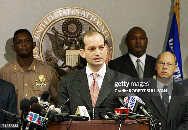 Attorney Alexander Acosta addresses a press conference at his office in Miami 23 June 2006, outlining charges against seven individuals indicted by a...