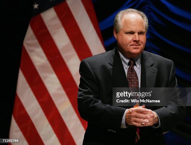 Radio personality Rush Limbaugh interacts with the audience before the start of a panel discussion "'24' and America's Image in Fighting Terrorism:...