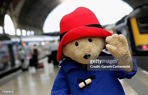 Paddington Bear arrives at Paddington Station on his way to the children's literature event at Buckingham Palace on June 23, 2006 in London, England.