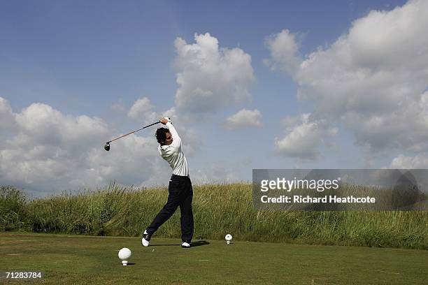 Matteo Del Podio of Italy tee's off at the 7th during the quarter-finals of The Amateur Championship 2006 at Royal St.Georges on June 23, 2006 in...