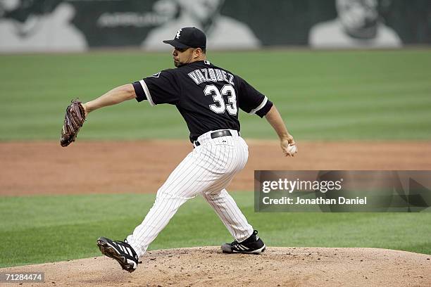 Pitcher Javier Vazquez of the Chicago White Sox pitches during the game against the St. Louis Cardinals on June 20, 2006 at U.S. Cellular Field in...