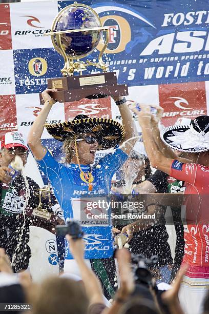 Three-time ASP world champion Andy Irons of Kauai, Hawaii celebrates his first victory of the year after clinching the Rip Curl Pro Search June 23,...