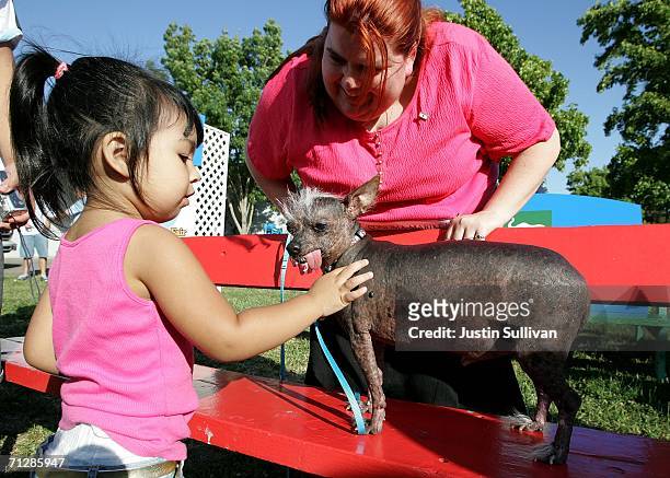 Heather Peoples looks on as Eliza Negiepe pets her Chinese Crested dog Archie before the start of the 18th annual World's Ugliest Dog competition...