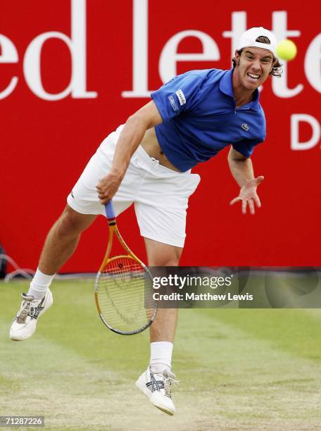 Richard Gasquet of France in action against Jonas Bjorkman of Sweden during the Finals of the Red Letter Days Open at The Nottingham Tennis Centre on...