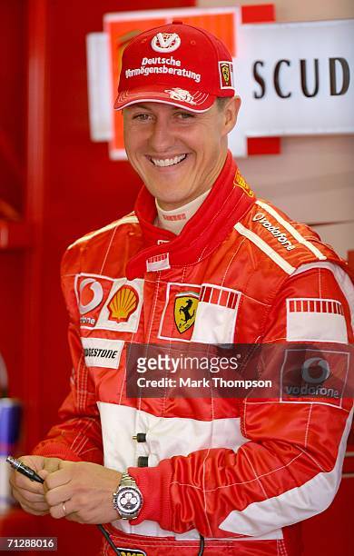 Michael Schumacher of Germany and Ferrari prepares for the practice secession for the Canadian Formula One Grand Prix at the Gilles-Villeneuve...