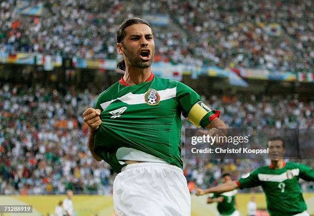 Rafael Marquez of Mexico celebrates scoring the opening goal during the FIFA World Cup Germany 2006 Round of 16 match between Argentina and Mexico...