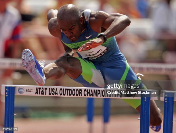 Allen Johnson competes in the men's 110 meter hurdles on the third day of the AT&T USA Outdoor Track and Field Championships at Indiana University...