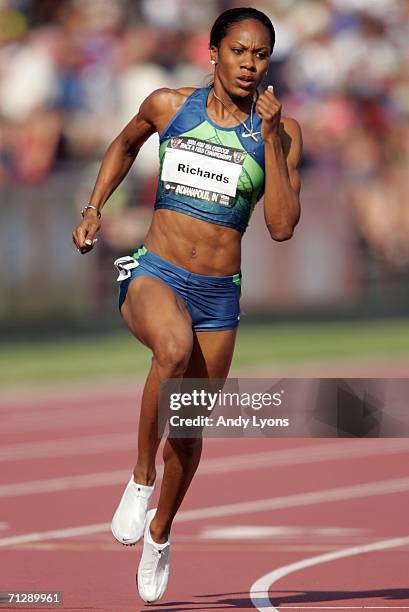 Sanya Richard competes in the women's 400 meter dash on her way to taking first place in the event on the third day of the AT&T USA Outdoor Track and...