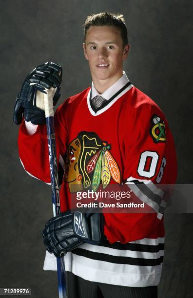 Third overall pick Jonathan Toews of the Chicago Blackhawks poses for a portrait backstage during the 2006 NHL Draft held at General Motors Place on...