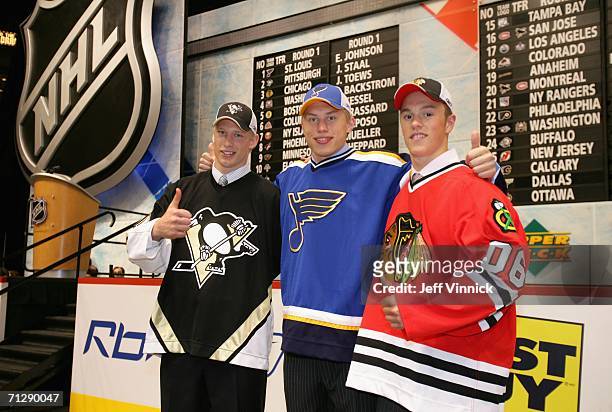 2nd overall pick Jordan Staal of the Pittsburgh Penguins, 1st overall pick Erik Johnson of the St. Louis Blues, and 3rd overall pick Jonathan Toews...