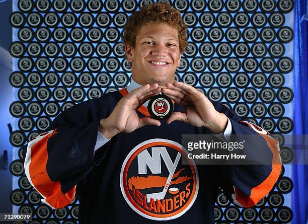 Seventh overall pick Kyle Okposo of the New York Islanders poses for a portrait backstage during the 2006 NHL Draft held at General Motors Place on...