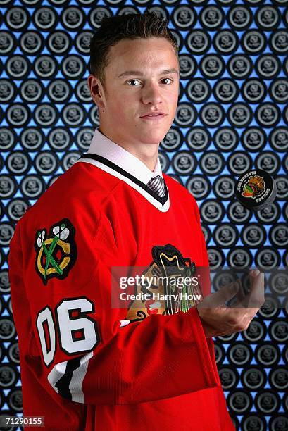 The third overall pick Jonathan Toews of the Chicago Blackhawks poses for a portrait backstage during the 2006 NHL Draft held at General Motors Place...