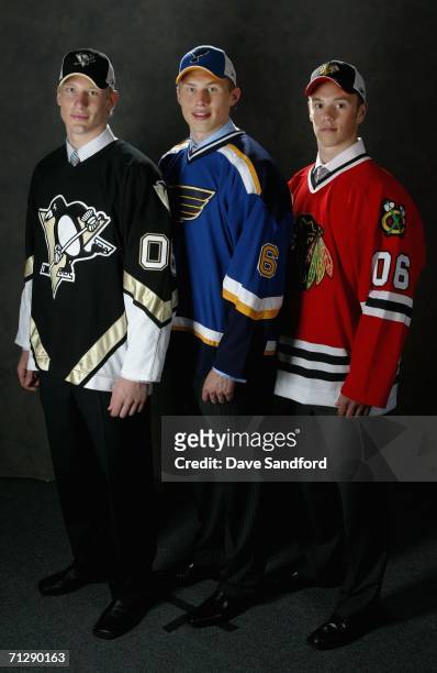Second overall pick Jordan Staal of the Pittsburgh Penguins, first overall pick Erik Johnson of the St. Louis Blues and third overall pick Jonathan...