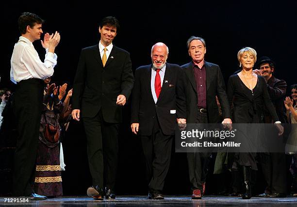 Actor Tim Martin Gleason looks on as lyricist Charles Hart, director Harold Prince, Lord Andrew Lloyd Webber, and choreographer Gillian Lynne, take a...