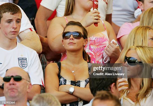 Wayne Rooney's girlfriend Coleen McLoughlin waits for the action to start prior to the FIFA World Cup Germany 2006 Round of 16 match between England...