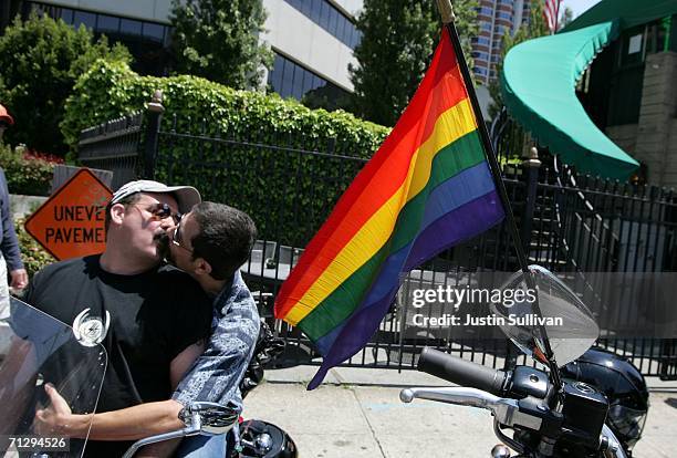 Two men kiss before the start of the 36th annual LGBT Pride Parade June 25, 2006 in San Francisco. Hundreds of thousands of spectators lined the...