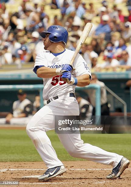 Russell Martin of the Los Angeles Dodgers hits an RBI single in the fourth inning against the Pittsburgh Pirates on June 25, 2006 at Dodger Stadium...