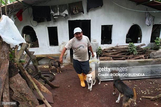Isla Santa Cruz, ECUADOR: Cristobal Colon Cuenca, cazador de chivos salvajes, sale de su casa acompanado de sus perros en la comunidad de Santa Rosa...