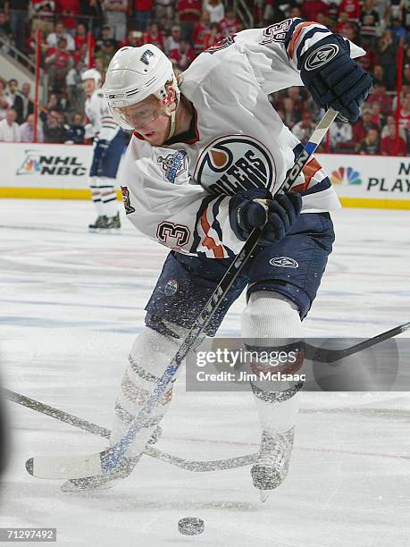 Ales Hemsky of the Edmonton Oilers skates against the Carolina Hurricanes during game seven of the 2006 NHL Stanley Cup Finals on June 19, 2006 at...