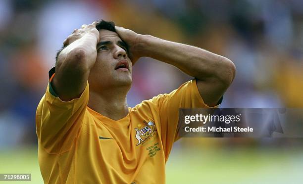 Tim Cahill of Australia reacts after a missed chance during the FIFA World Cup Germany 2006 Round of 16 match between Italy and Australia at the...