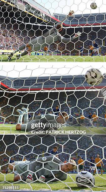 Kaiserslautern, GERMANY: Combination of three pictures showing Australian goalkeeper Mark Schwarzer failing to block a penalty kick scored by Italian...