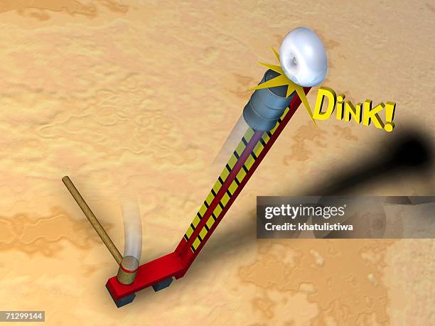 high angle view of a hammer hitting a fairground strength tester - strength tester stock illustrations