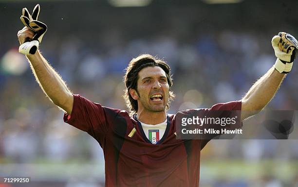 Goalkeeper Gianluigi Buffon of Italy celebrates, following his team's 1-0 victory during the FIFA World Cup Germany 2006 Round of 16 match between...