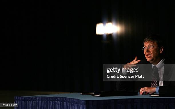 Bill Gates speaks at a news conference with Melinda Gates and Warren Buffett June 26, 2006 where Buffett spoke about his financial gift to the Bill...