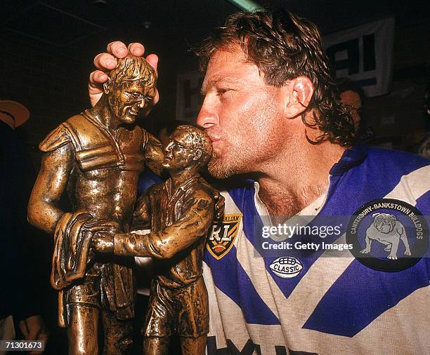 Terry Lamb, captain of the Bulldogs kisses the Winfield Cup after winning the ARL Grand Final between the Canterbury Bulldogs and the Manly Sea...