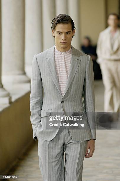 Model walks down the runway at the Alexander McQueen show as part of Milan Menswear Spring/Summer 2007 Collections on June 26, 2006 in Milan, Italy.