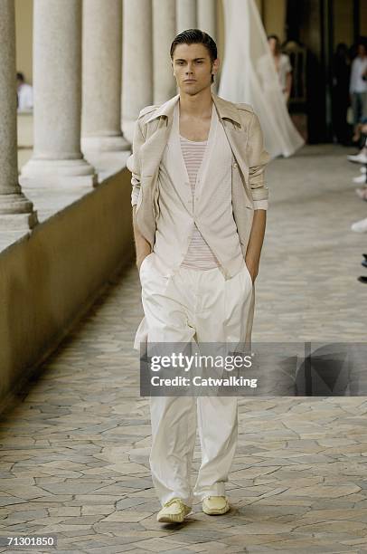 Model walks down the runway at the Alexander McQueen show as part of Milan Menswear Spring/Summer 2007 Collections on June 26, 2006 in Milan, Italy.