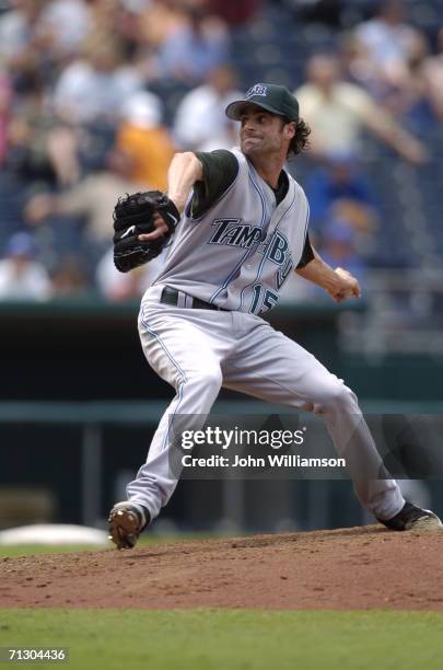 Pitcher Casey Fossum of the Tampa Bay Devil Rays pitches during the game against the Kansas City Royals at Kauffman Stadium on June 10, 2006 in...