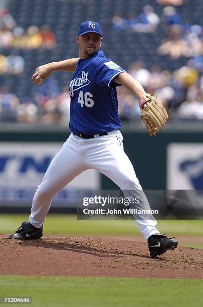 Pitcher Mike Wood of the Kansas City Royals pitches during the game against the Tampa Bay Devil Rays at Kauffman Stadium on June 10, 2006 in Kansas...