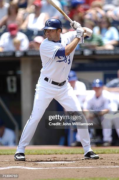 Center fielder David DeJesus of the Kansas City Royals bats during the game against the Tampa Bay Devil Rays at Kauffman Stadium on June 11, 2006 in...