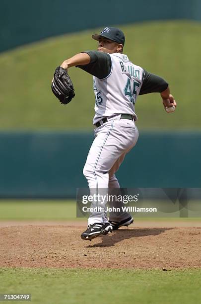 Pitcher Ruddy Lugo of the Tampa Bay Devil Rays pitches during the game against the Kansas City Royals at Kauffman Stadium on June 10, 2006 in Kansas...