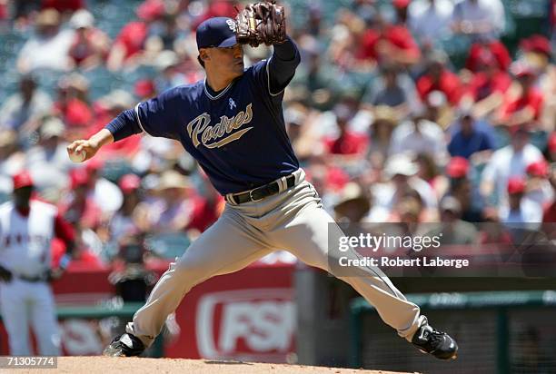 Pitcher Chan Ho Park of the San Diego Padres pitches in the first inning against the Los Angeles Angels of Anaheim on June 18, 2006 at Angels Stadium...